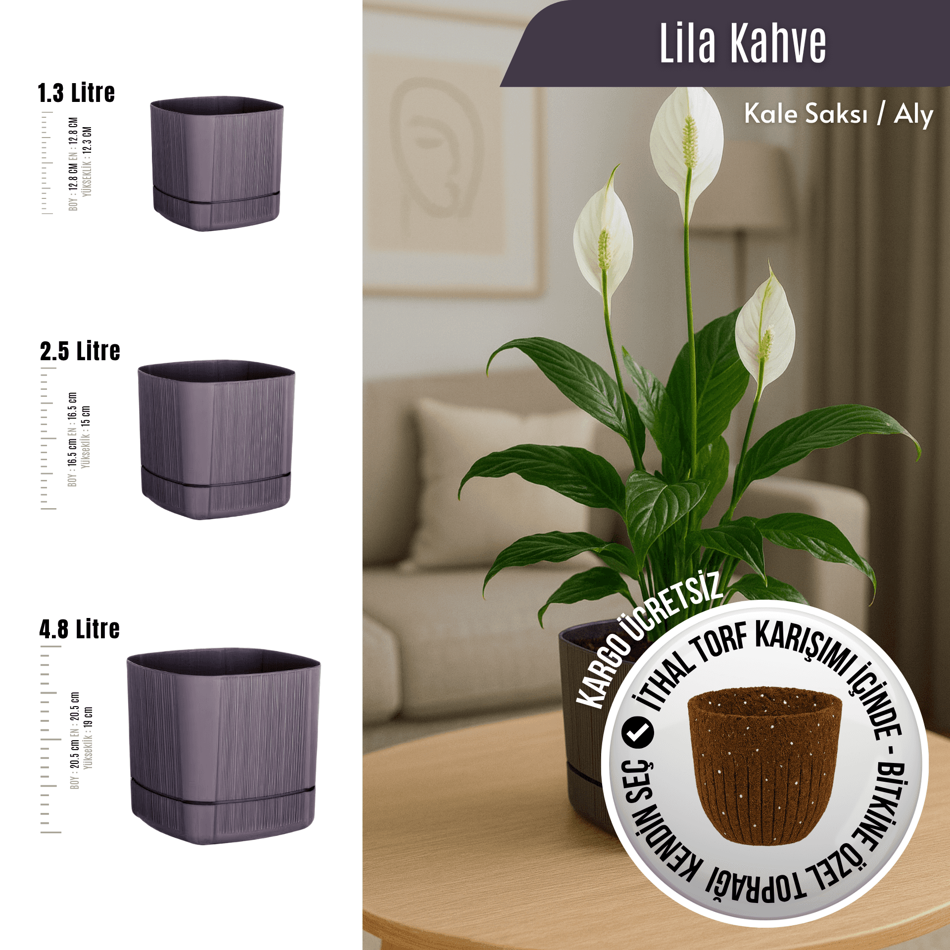 Kale Tabaklı Bitki Saksısı | Lila Kahve (3 Boy Seçenekli) | İthal Torf Hediye